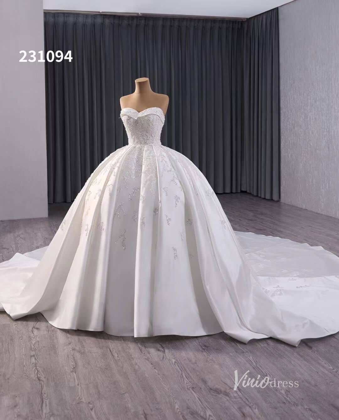 Luxury Beaded Satin Wedding Dresses Strapless Bridal Gown Cathedral Train Corset Back 231094 - Viniodresswedding dressesIvoryCustom Size - Formal Dresses - Ball Gowns