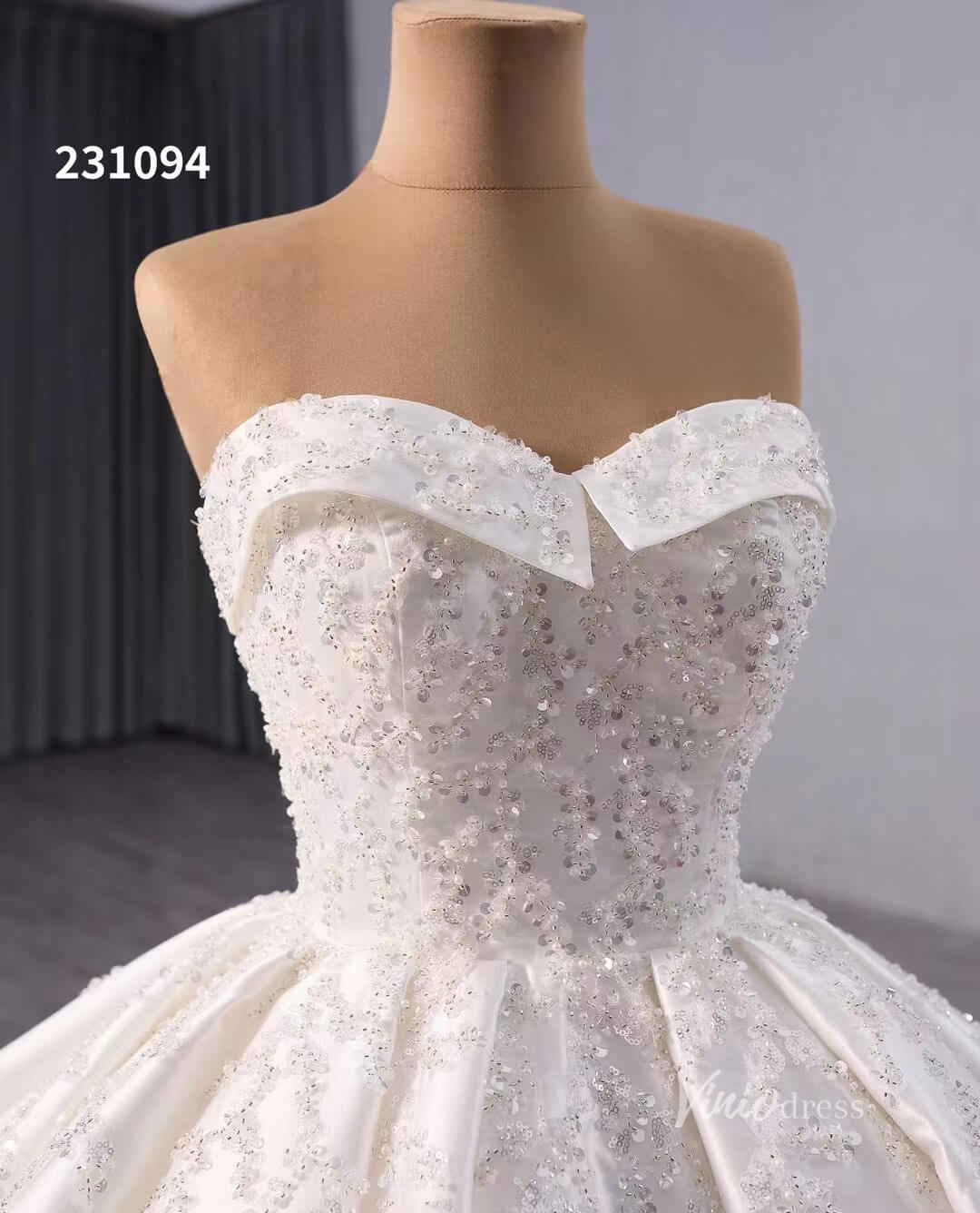 Luxury Beaded Satin Wedding Dresses Strapless Bridal Gown Cathedral Train Corset Back 231094 - Viniodresswedding dressesIvoryCustom Size - Formal Dresses - Ball Gowns