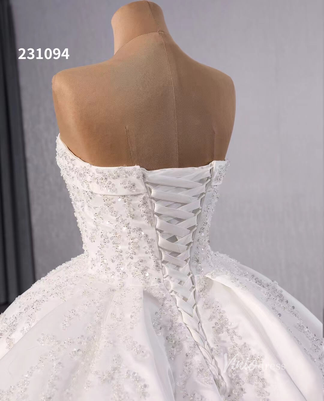 Luxury Beaded Satin Wedding Dresses Strapless Bridal Gown Cathedral Train Corset Back 231094 - Viniodresswedding dressesIvoryCustom Size - Formal Dresses - Ball Gowns