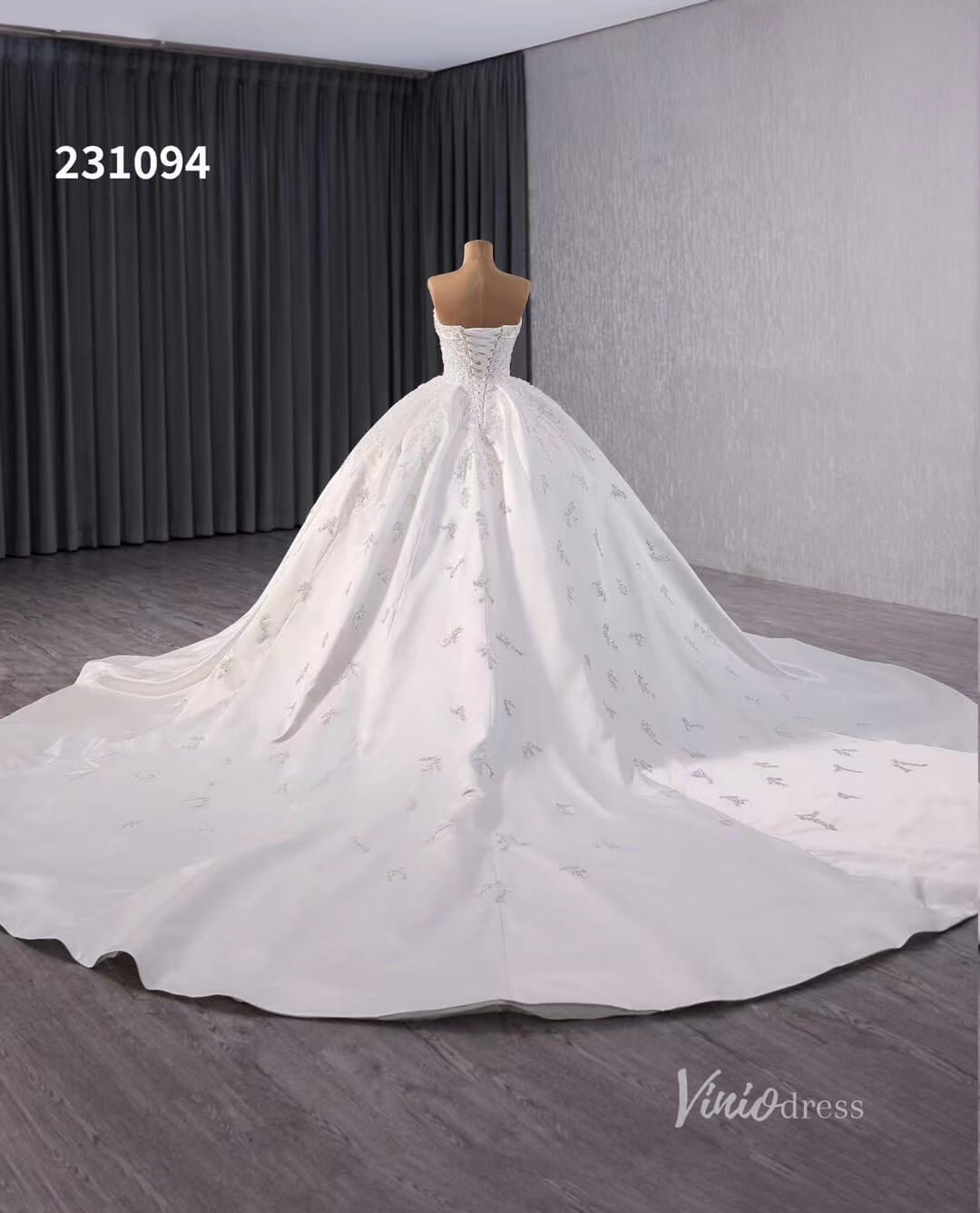 Luxury Beaded Satin Wedding Gowns Strapless Cathedral Bridal Dress W231094-wedding dresses 2025 -Viniodress-Ivory-Custom Size-