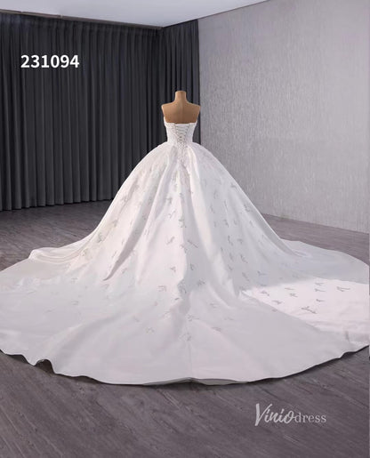 Luxury Beaded Satin Wedding Gowns Strapless Cathedral Bridal Dress W231094-wedding dresses 2025 -Viniodress-Ivory-Custom Size-