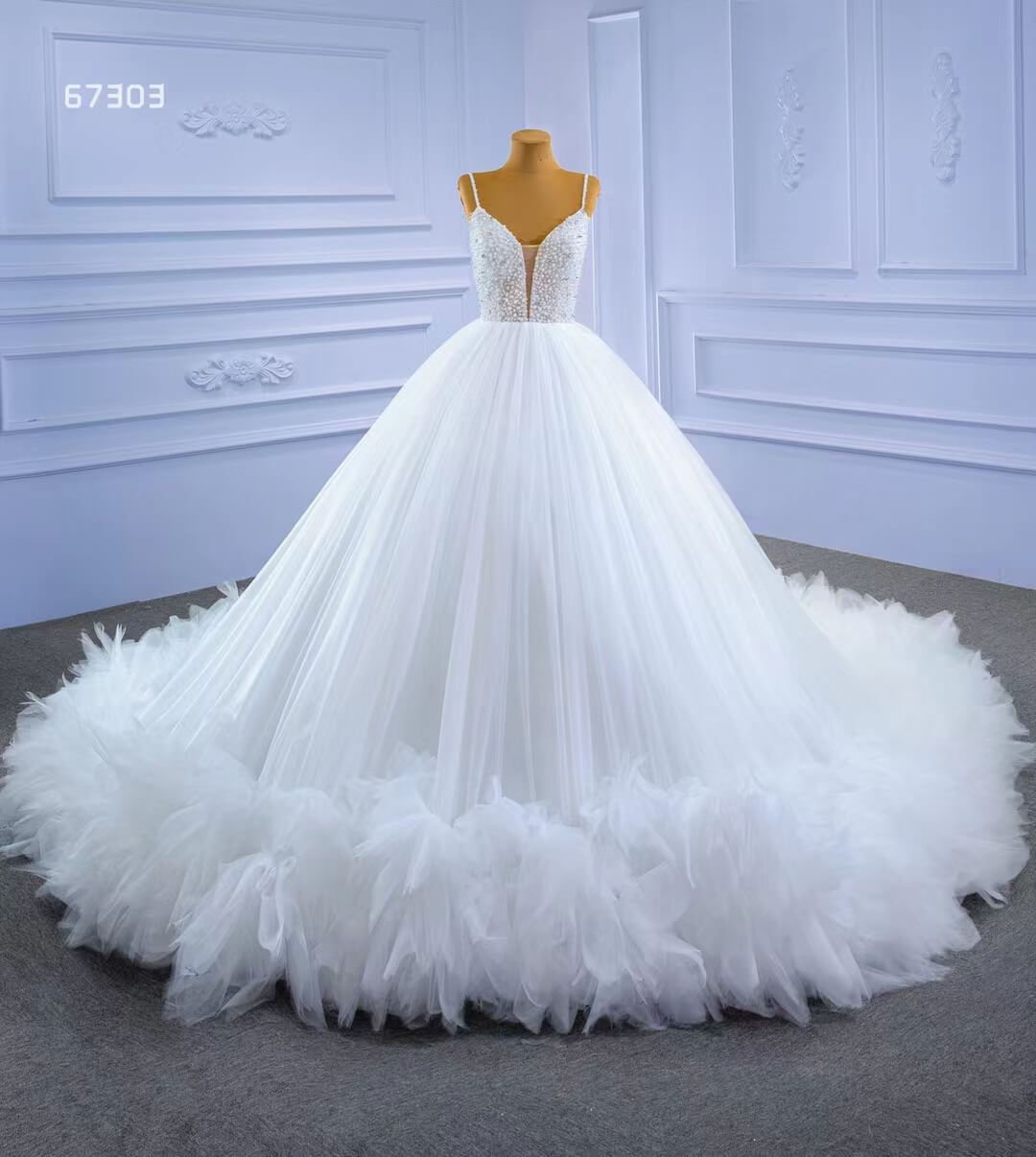 Luxury Beaded Tulle Ball Gown Wedding Dresses with Straps 67303-wedding dresses 2025 -Viniodress-Ivory-Custom Size-