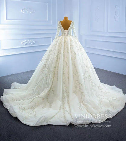 Luxury Beaded Wedding Dresses Long Sleeve Ball Gown 67260-wedding dresses 2025 -Viniodress-Ivory-Custom Size-