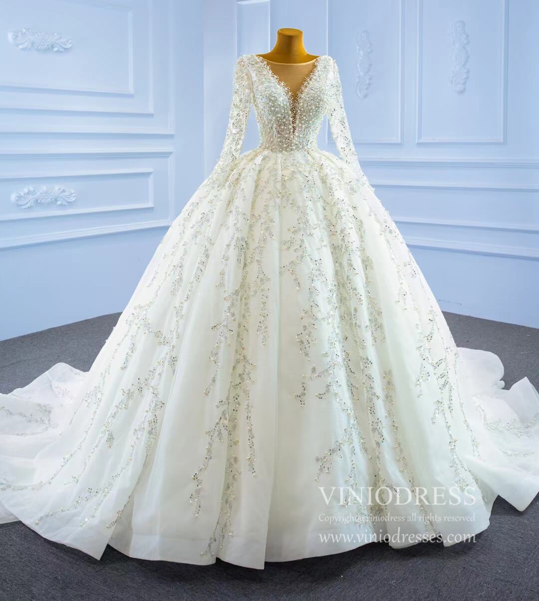 Luxury Beaded Wedding Dresses Long Sleeve Ball Gown 67260-wedding dresses 2025 -Viniodress-Ivory-Custom Size-