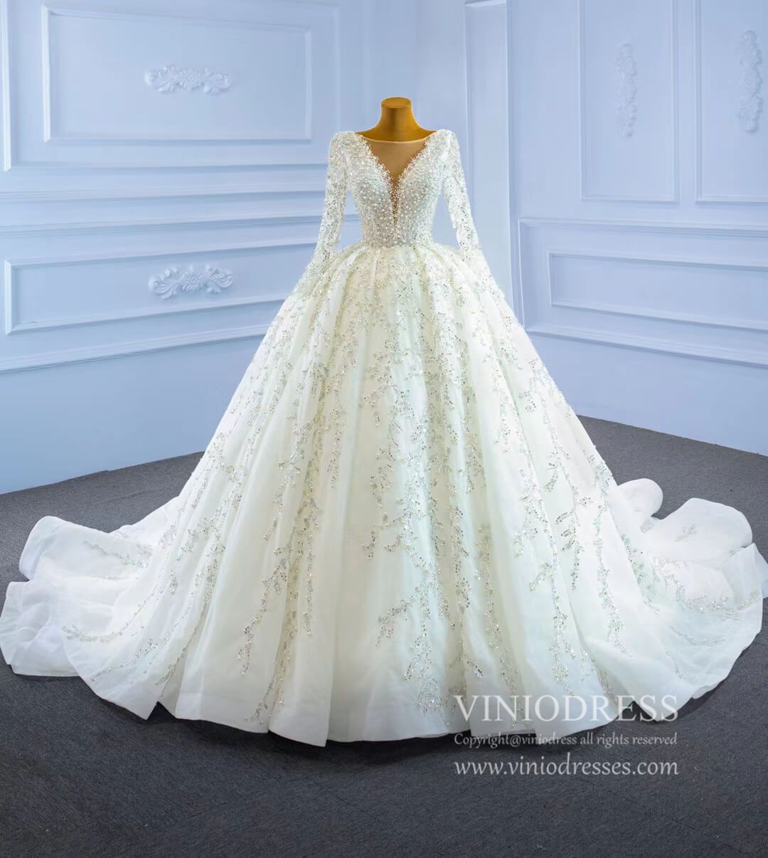 Luxury Beaded Wedding Dresses Long Sleeve Ball Gown 67260-wedding dresses 2025 -Viniodress-Ivory-Custom Size-