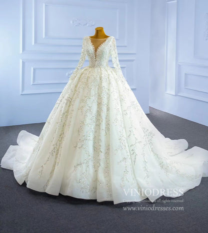 Luxury Beaded Wedding Dresses Long Sleeve Ball Gown 67260-wedding dresses 2025 -Viniodress-Ivory-Custom Size-