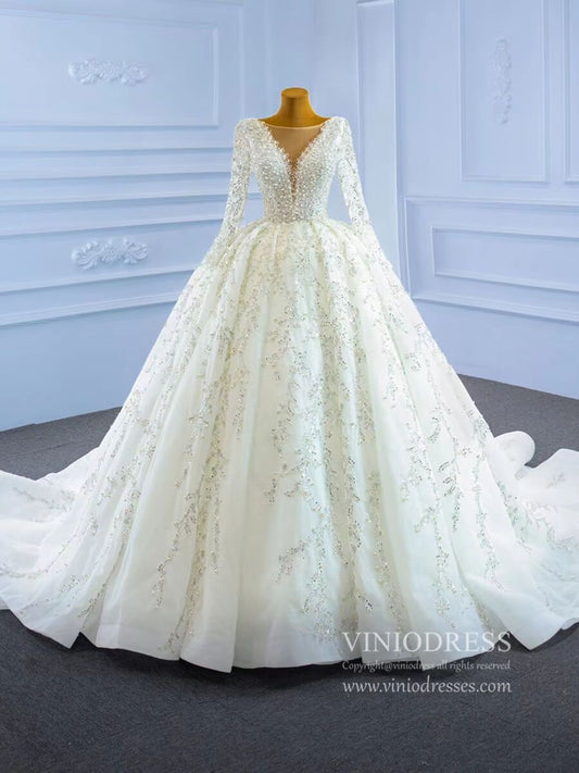 Luxury Beaded Wedding Dresses Long Sleeve Ball Gown 67260-wedding dresses 2025 -Viniodress-Ivory-Custom Size-