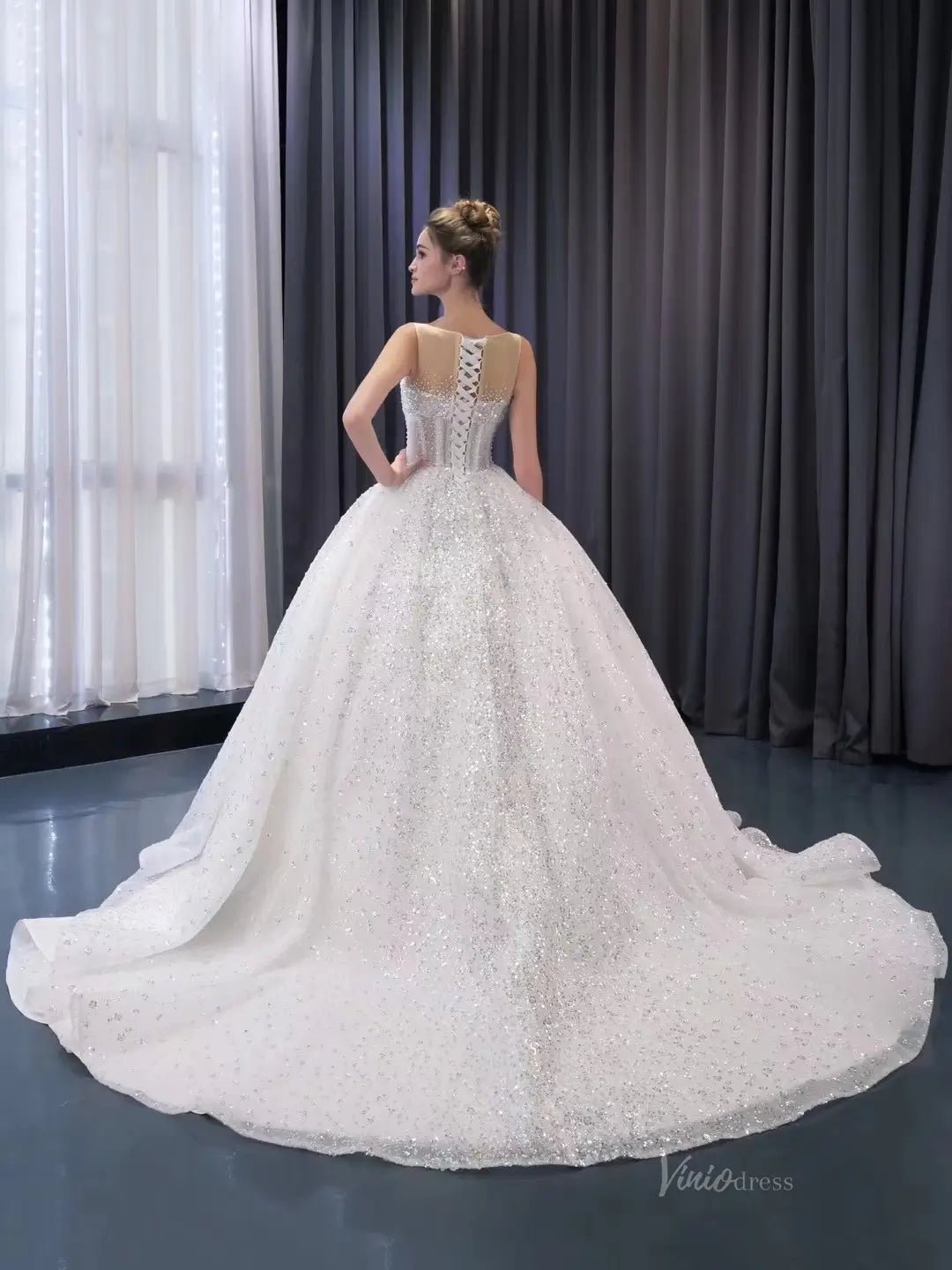 Luxury Beaded Wedding Dresses Sheer Sparkly Ball Gown Quince Dress 241078-wedding dresses 2025 -Viniodress-Ivory-Custom Size-