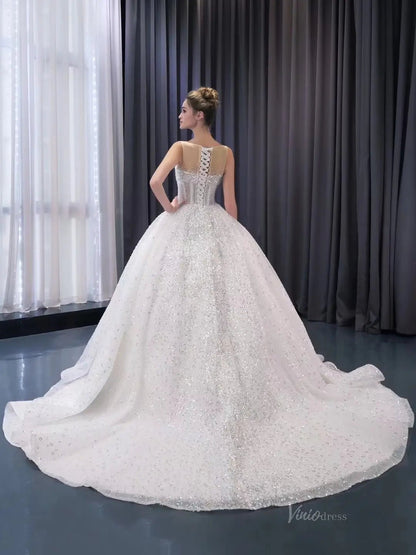 Luxury Beaded Wedding Dresses Sheer Sparkly Ball Gown Quince Dress 241078-wedding dresses 2025 -Viniodress-Ivory-Custom Size-