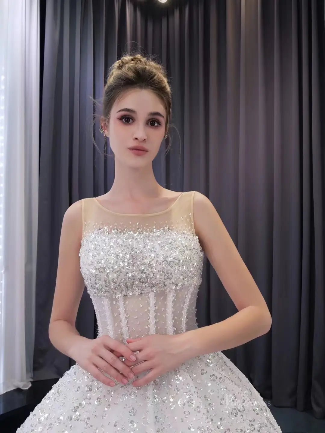 Luxury Beaded Wedding Dresses Sheer Sparkly Ball Gown Quince Dress 241078-wedding dresses 2025 -Viniodress-Ivory-Custom Size-