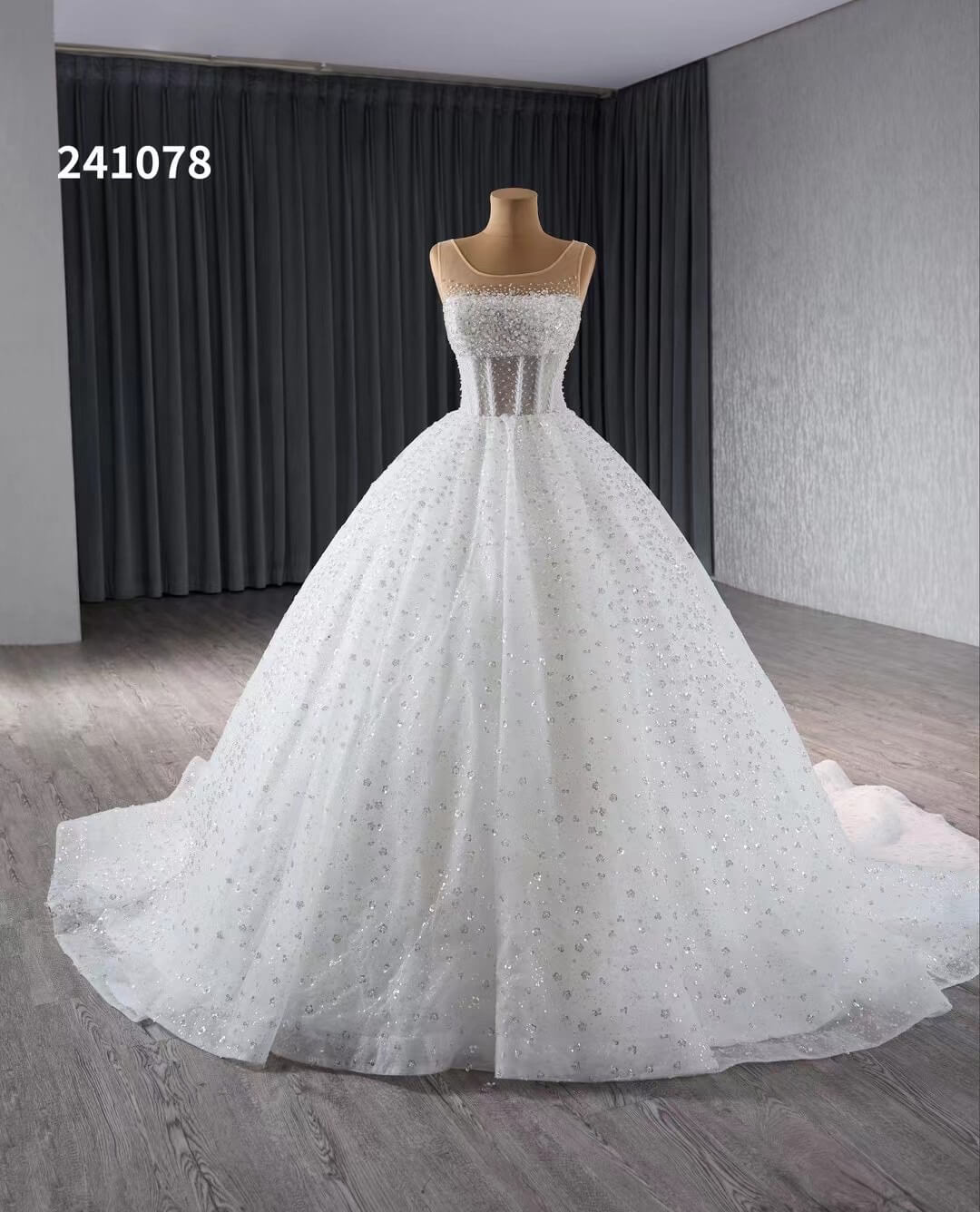Luxury Beaded Wedding Dresses Sheer Sparkly Ball Gown Quince Dress 241078-wedding dresses 2025 -Viniodress-Ivory-Custom Size-