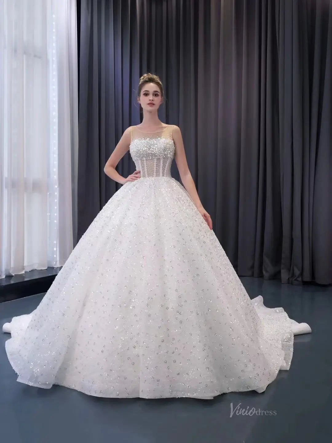 Luxury Beaded Wedding Dresses Sheer Sparkly Ball Gown Quince Dress 241078-wedding dresses 2025 -Viniodress-Ivory-Custom Size-