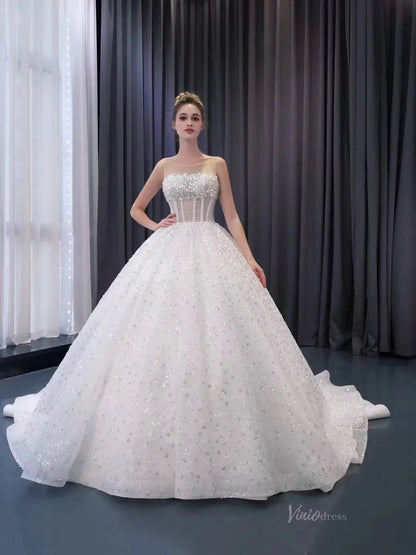 Luxury Beaded Wedding Dresses Sheer Sparkly Ball Gown Quince Dress 241078-wedding dresses 2025 -Viniodress-Ivory-Custom Size-