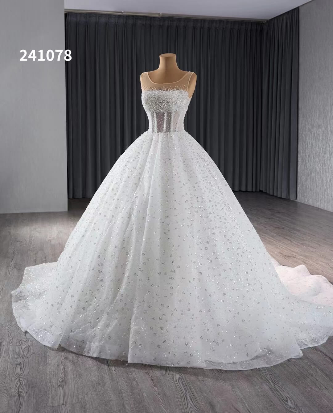 Luxury Beaded Wedding Dresses Sheer Sparkly Ball Gown Quince Dress 241078-wedding dresses 2025 -Viniodress-Ivory-Custom Size-