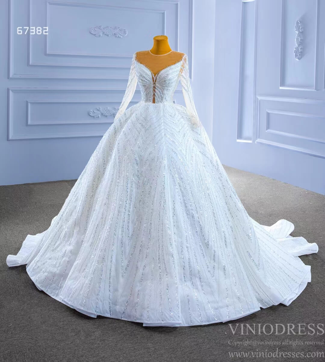 Luxury Beaded Wedding Dresses with Long Sleeves 67382 Viniodress-wedding dresses 2025 -Viniodress-Ivory-Custom Size-