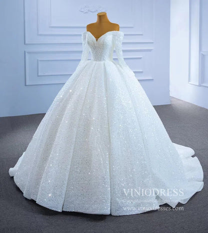 Luxury Beaded Wedding Gown Off the Shoulder Long Sleeve Wedding Dress 67276-wedding dresses 2025 -Viniodress-Ivory-Custom Size-