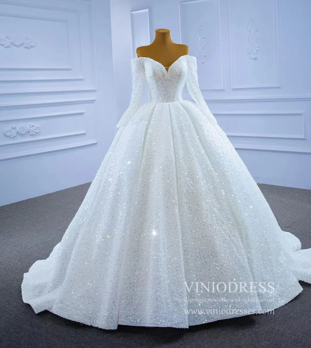 Luxury Beaded Wedding Gown Off the Shoulder Long Sleeve Wedding Dress 67276-wedding dresses 2025 -Viniodress-Ivory-Custom Size-