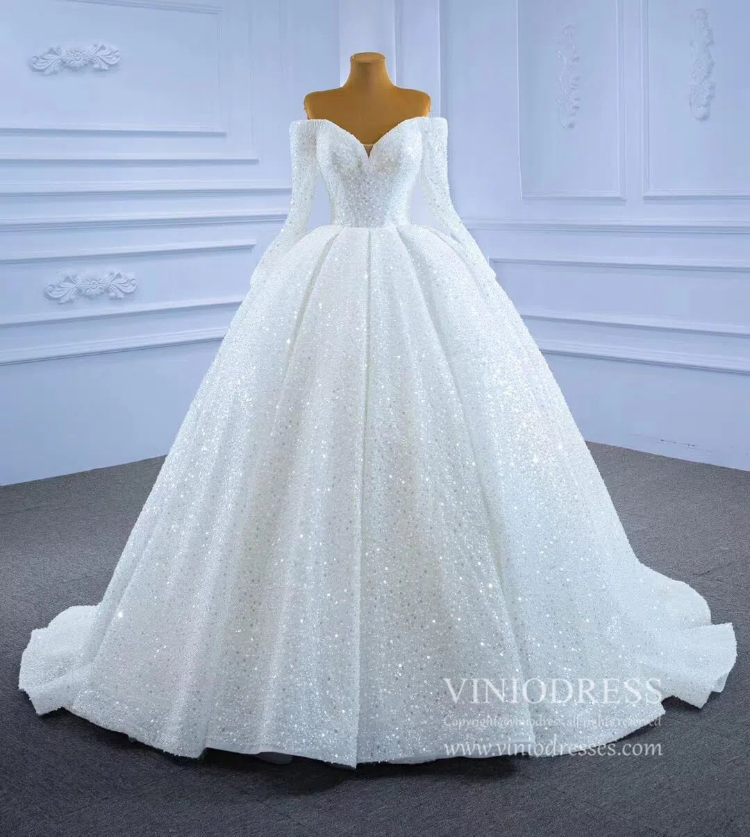 Luxury Beaded Wedding Gown Off the Shoulder Long Sleeve Wedding Dress 67276-wedding dresses 2025 -Viniodress-Ivory-Custom Size-