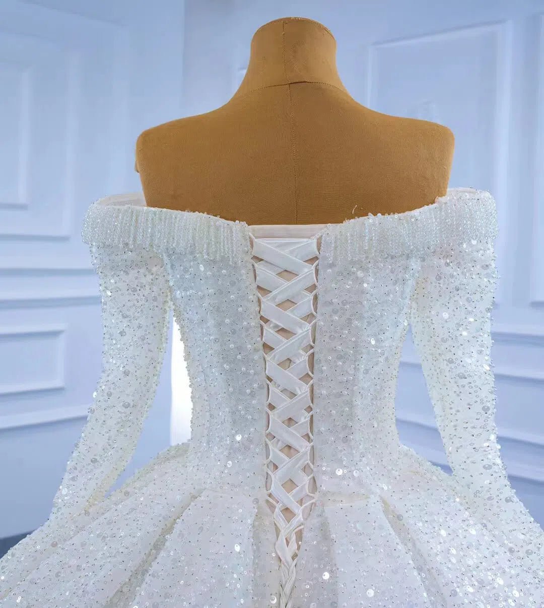 Luxury Beaded Wedding Gown Off the Shoulder Long Sleeve Wedding Dress 67276-wedding dresses 2025 -Viniodress-Ivory-Custom Size-