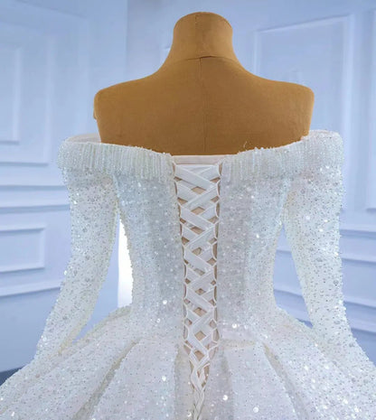 Luxury Beaded Wedding Gown Off the Shoulder Long Sleeve Wedding Dress 67276-wedding dresses 2025 -Viniodress-Ivory-Custom Size-