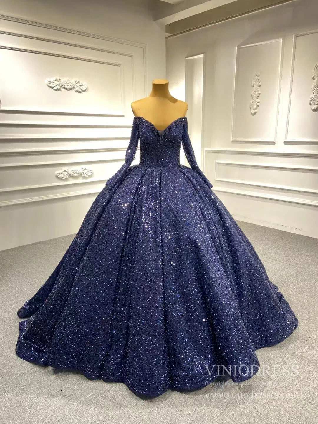 Luxury Beaded Wedding Gown Off the Shoulder Long Sleeve Wedding Dress 67276-wedding dresses 2025 -Viniodress-Ivory-Custom Size-