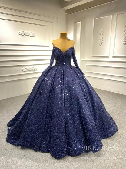 Luxury Beaded Wedding Gown Off the Shoulder Long Sleeve Wedding Dress 67276-wedding dresses 2025 -Viniodress-Ivory-Custom Size-