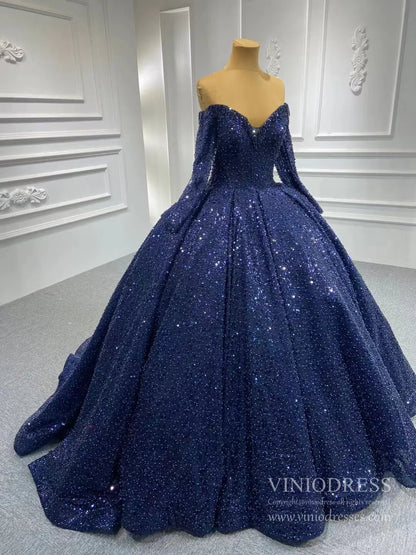 Luxury Beaded Wedding Gown Off the Shoulder Long Sleeve Wedding Dress 67276-wedding dresses 2025 -Viniodress-Ivory-Custom Size-