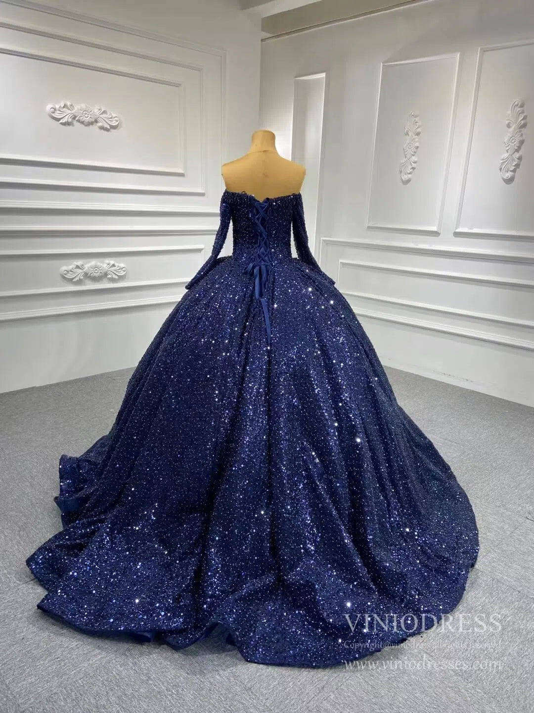 Luxury Beaded Wedding Gown Off the Shoulder Long Sleeve Wedding Dress 67276-wedding dresses 2025 -Viniodress-Ivory-Custom Size-