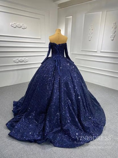 Luxury Beaded Wedding Gown Off the Shoulder Long Sleeve Wedding Dress 67276-wedding dresses 2025 -Viniodress-Ivory-Custom Size-