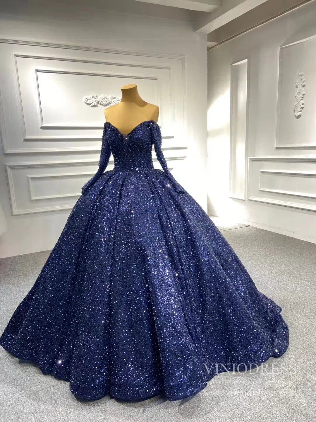 Luxury Beaded Wedding Gown Off the Shoulder Long Sleeve Wedding Dress 67276-wedding dresses 2025 -Viniodress-Ivory-Custom Size-