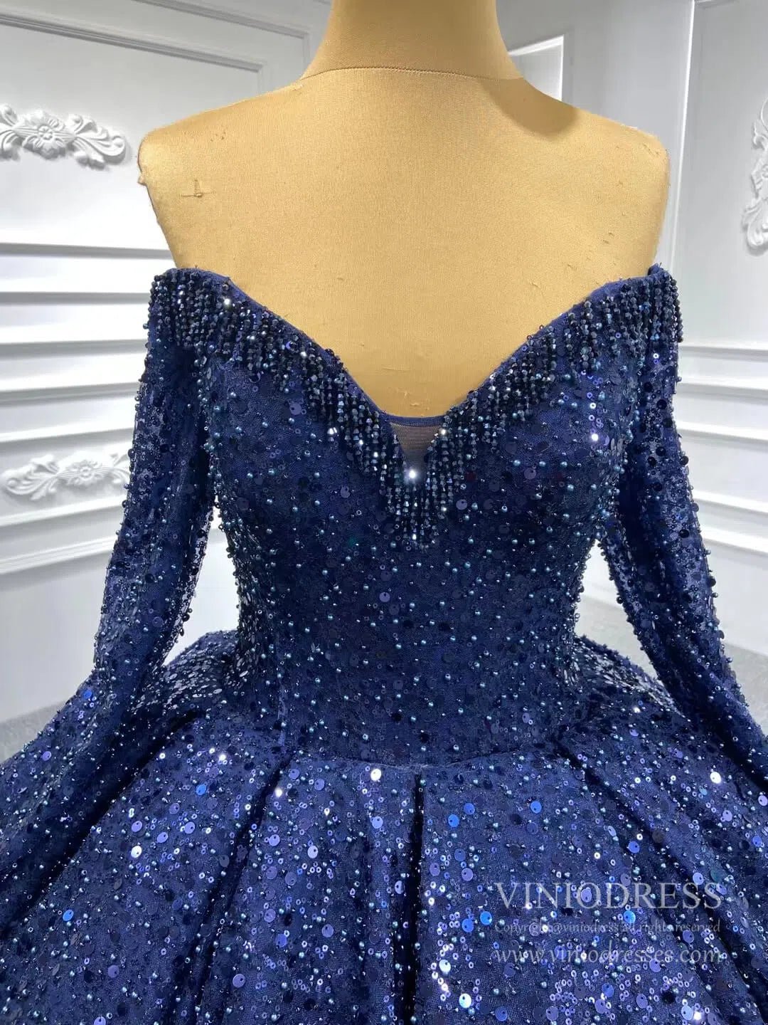 Luxury Beaded Wedding Gown Off the Shoulder Long Sleeve Wedding Dress 67276-wedding dresses 2025 -Viniodress-Ivory-Custom Size-