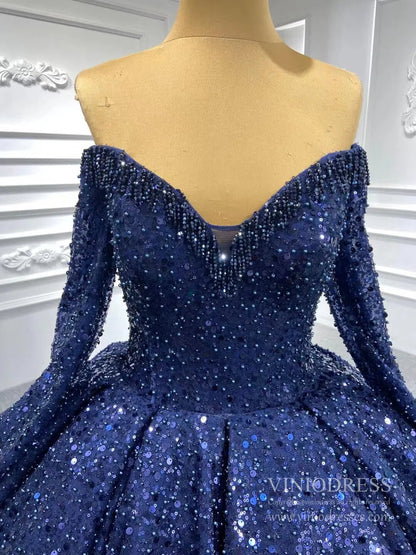 Luxury Beaded Wedding Gown Off the Shoulder Long Sleeve Wedding Dress 67276-wedding dresses 2025 -Viniodress-Ivory-Custom Size-