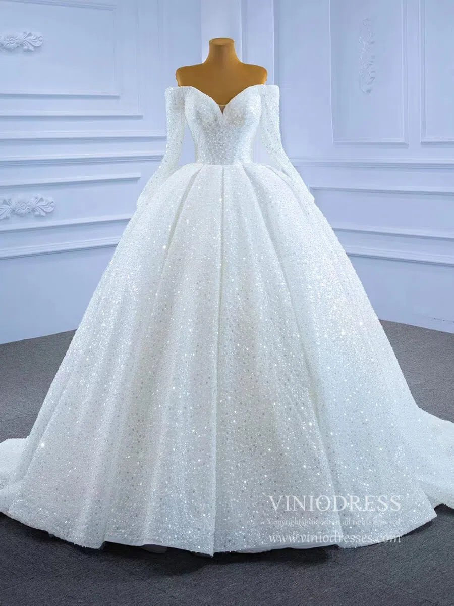 Luxury Beaded Wedding Gown Off the Shoulder Long Sleeve Wedding Dress 67276-wedding dresses 2025 -Viniodress-Ivory-Custom Size-