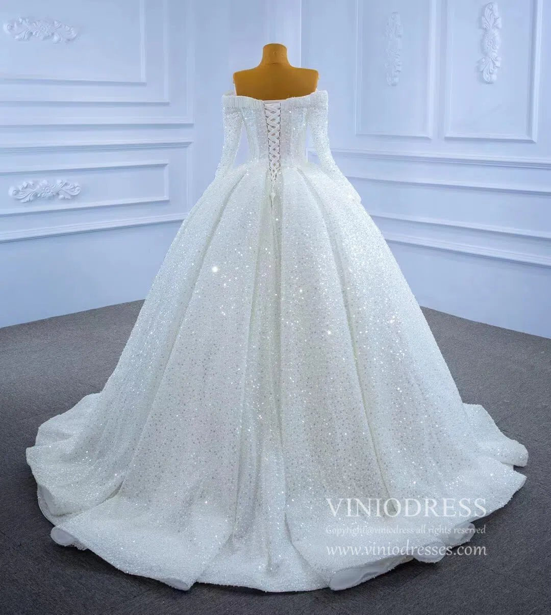 Luxury Beaded Wedding Gown Off the Shoulder Long Sleeve Wedding Dress 67276-wedding dresses 2025 -Viniodress-Ivory-Custom Size-