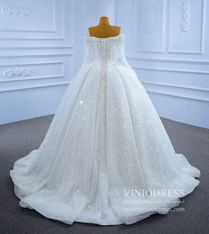 Luxury Beaded Wedding Gown Off the Shoulder Long Sleeve Wedding Dress 67276-wedding dresses 2025 -Viniodress-Ivory-Custom Size-