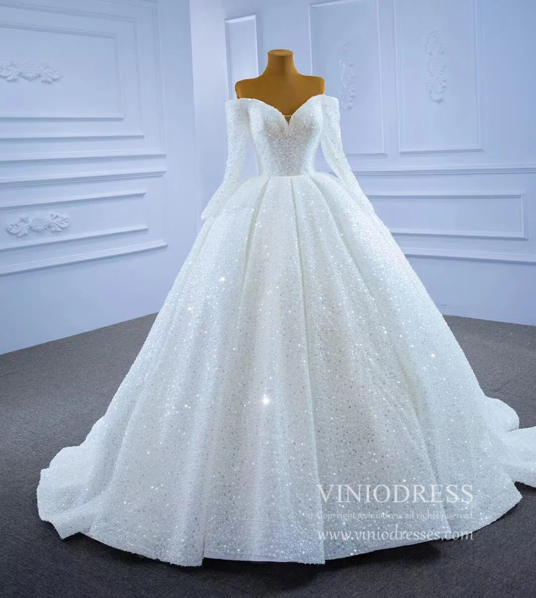 wedding dresses 2025 Luxury Beaded Wedding Gown Off the Shoulder Long Sleeve Wedding Dress 67276-plus size wedding dresses Viniodress-Ivory-Custom Size-