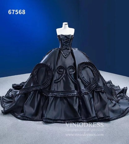 Luxury Black Wedding Dresses Strapless Ruffled Satin Ball Gowns 67568-Quinceanera Dresses 2025 -Viniodress-Black-Custom Size-