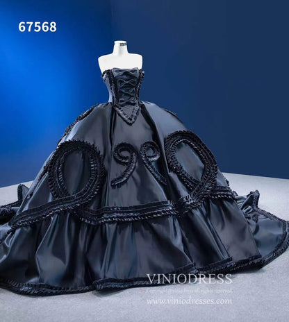 Luxury Black Wedding Dresses Strapless Ruffled Satin Ball Gowns 67568-Quinceanera Dresses 2025 -Viniodress-Black-Custom Size-