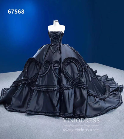 Luxury Black Wedding Dresses Strapless Ruffled Satin Ball Gowns 67568-Quinceanera Dresses 2025 -Viniodress-Black-Custom Size-