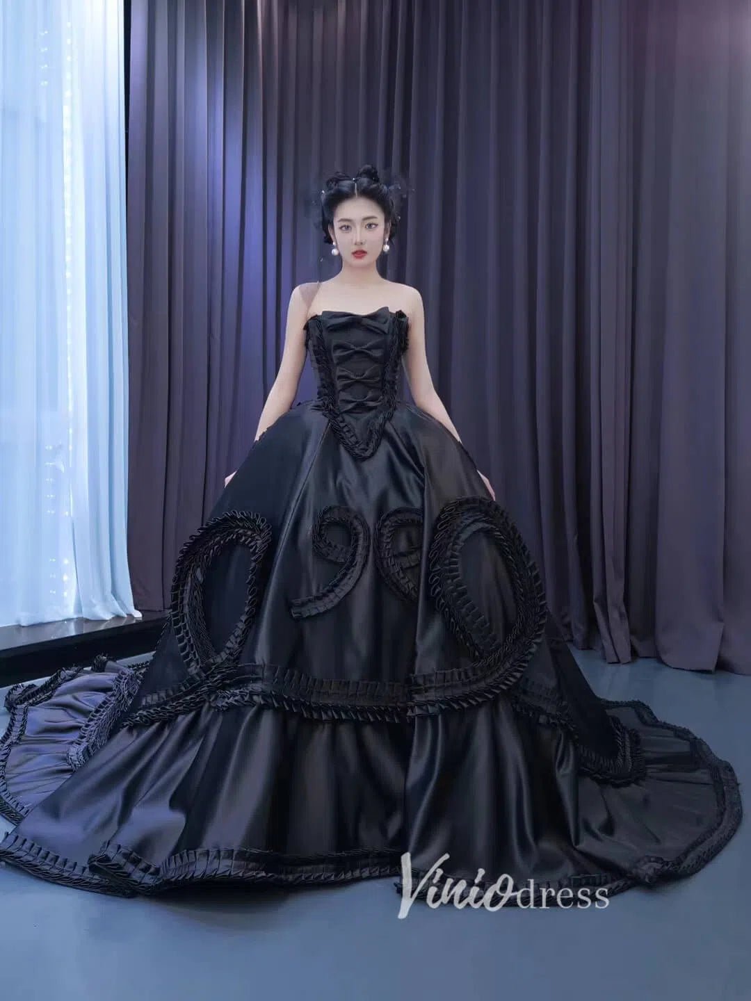 Luxury Black Wedding Dresses Strapless Ruffled Satin Ball Gowns 67568-Quinceanera Dresses 2025 -Viniodress-Black-Custom Size-