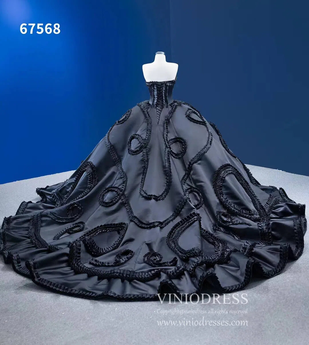 Luxury Black Wedding Dresses Strapless Ruffled Satin Ball Gowns 67568-Quinceanera Dresses-Viniodress-Viniodress