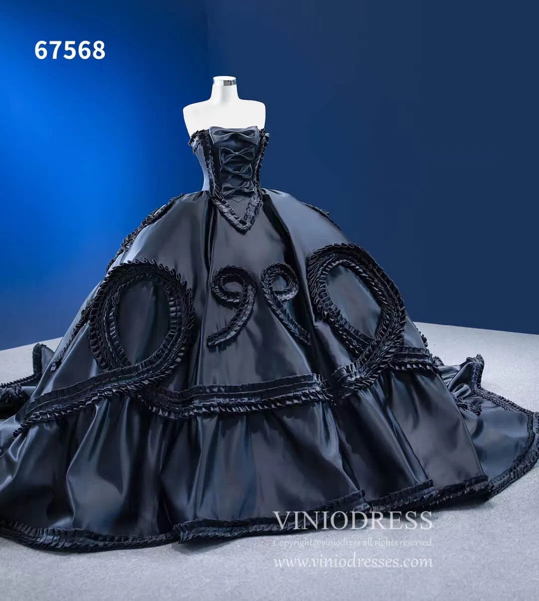 Luxury Black Wedding Dresses Strapless Ruffled Satin Ball Gowns 67568-Quinceanera Dresses-Viniodress-Viniodress