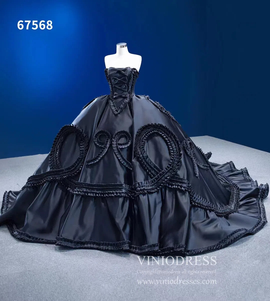 Luxury Black Wedding Dresses Strapless Ruffled Satin Ball Gowns 67568-Quinceanera Dresses-Viniodress-Viniodress