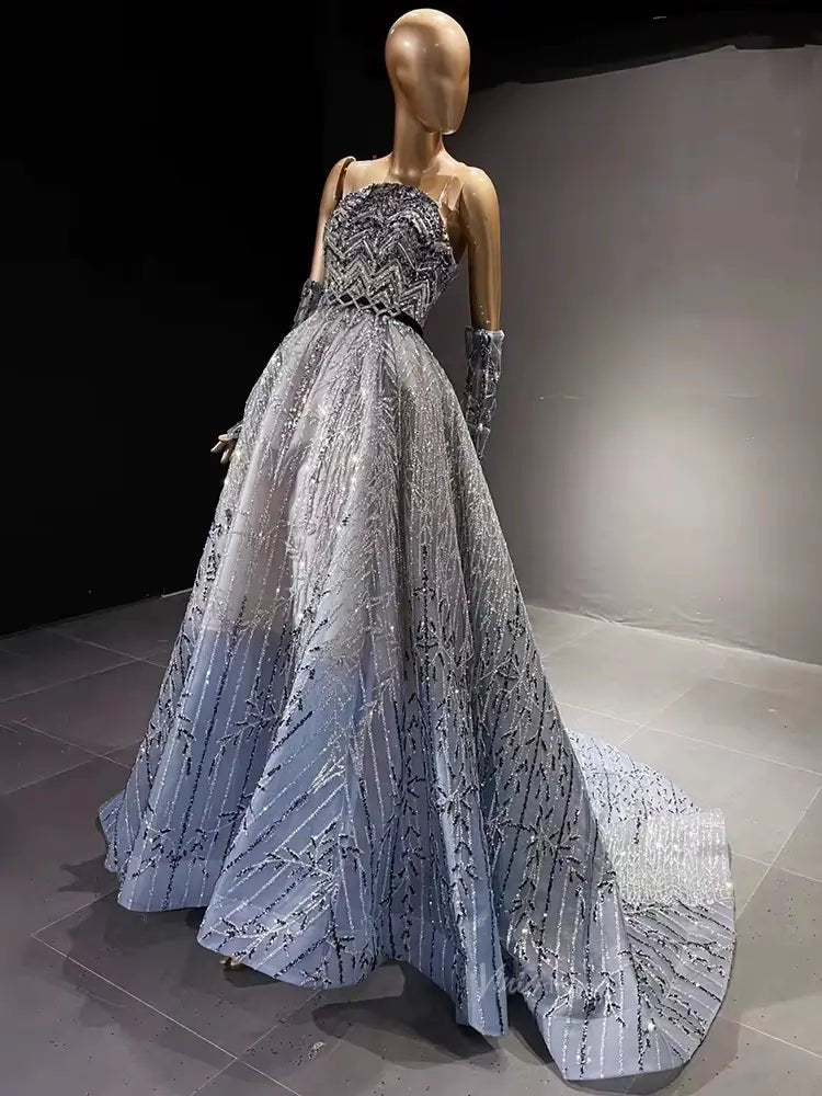 Luxury Blue Beaded Prom Dresses Elegant Wedding Dresses Removable Sleeves BD035-Evening Dresses 2025 -Viniodress-Light Blue-US 2-