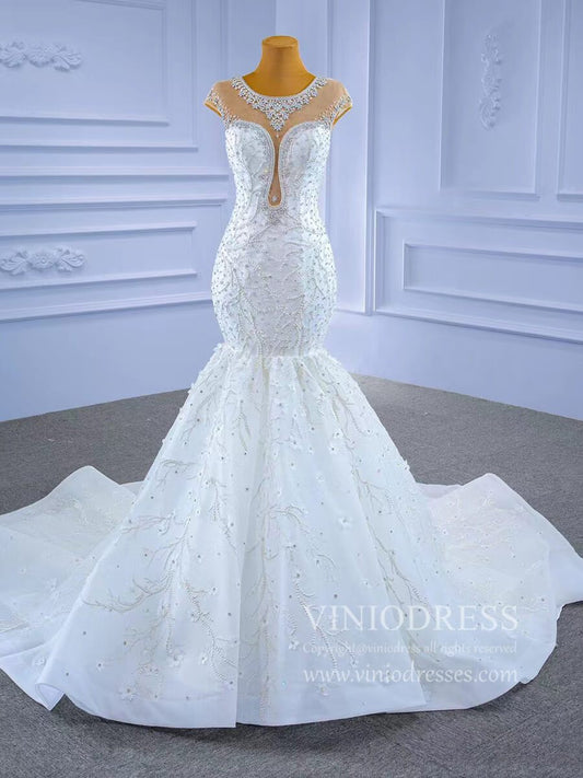 Luxury Cap Sleeve Beaded Mermaid Wedding Dresses 67296-wedding dresses 2025 -Viniodress-As Picture-Custom Size-