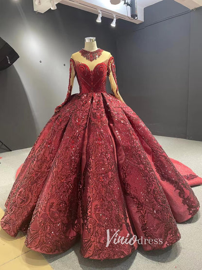 Luxury Dubai Wedding Dresses High Neck Modest Bridal Gown 67558-wedding dresses 2025 -Viniodress-Burgundy-Custom Size-