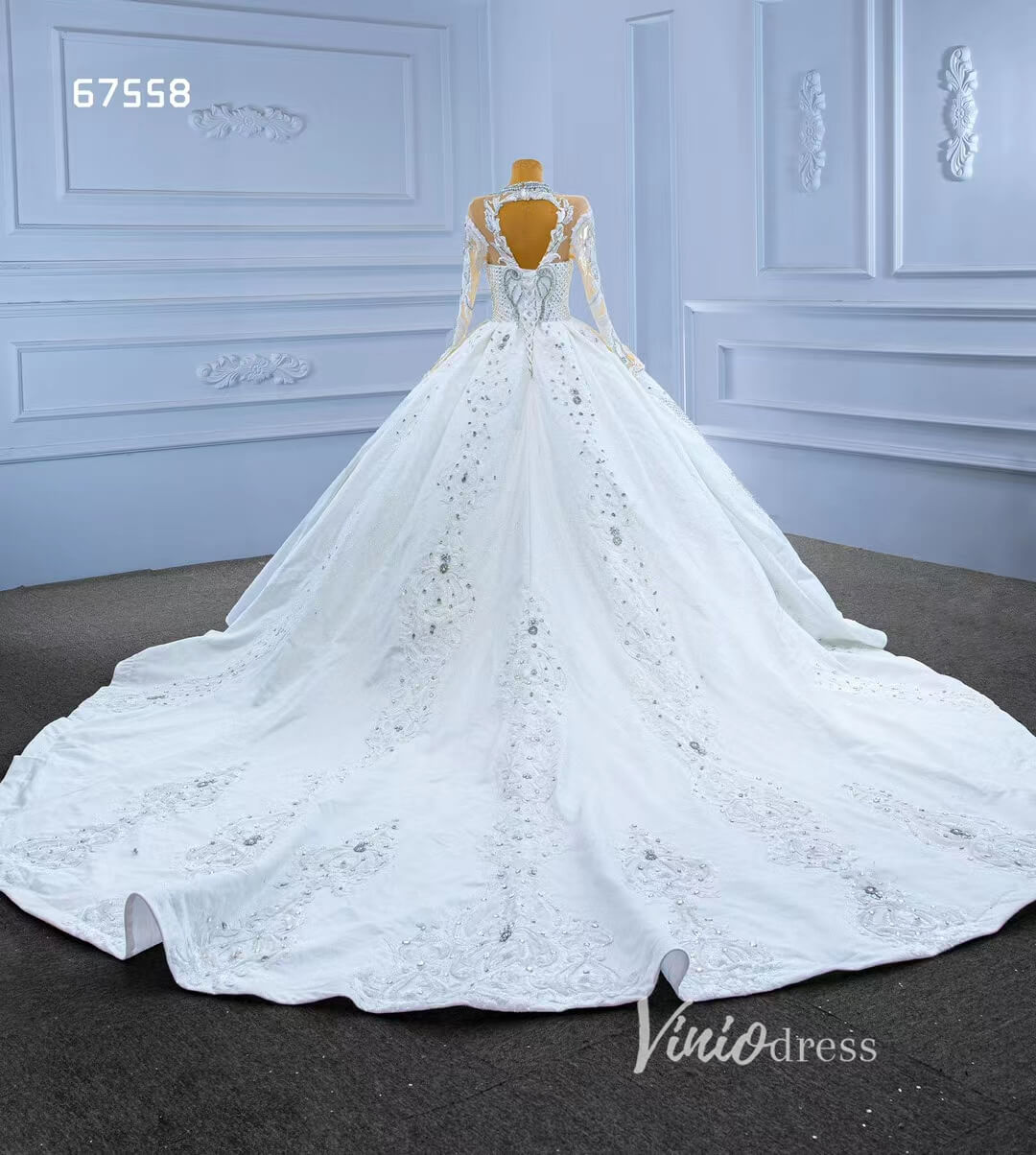 Luxury Dubai Wedding Dresses High Neck Modest Bridal Gown 67558-wedding dresses 2025 -Viniodress-Ivory-Custom Size-