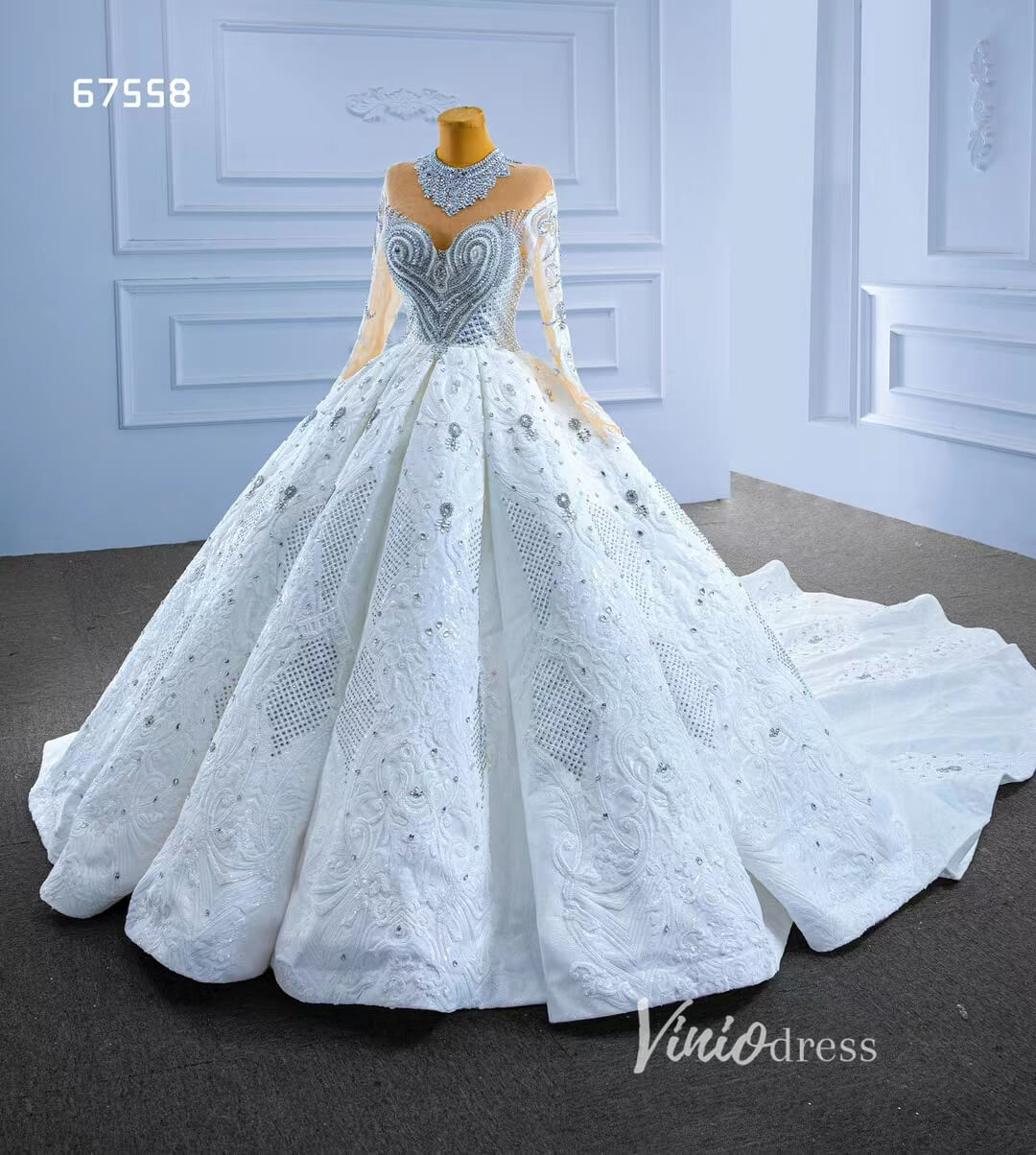 Luxury Dubai Wedding Dresses High Neck Modest Bridal Gown 67558 Viniodress Luxury Dubai Wedding Dresses High Neck Modest Bridal Gown 67558 Viniodress