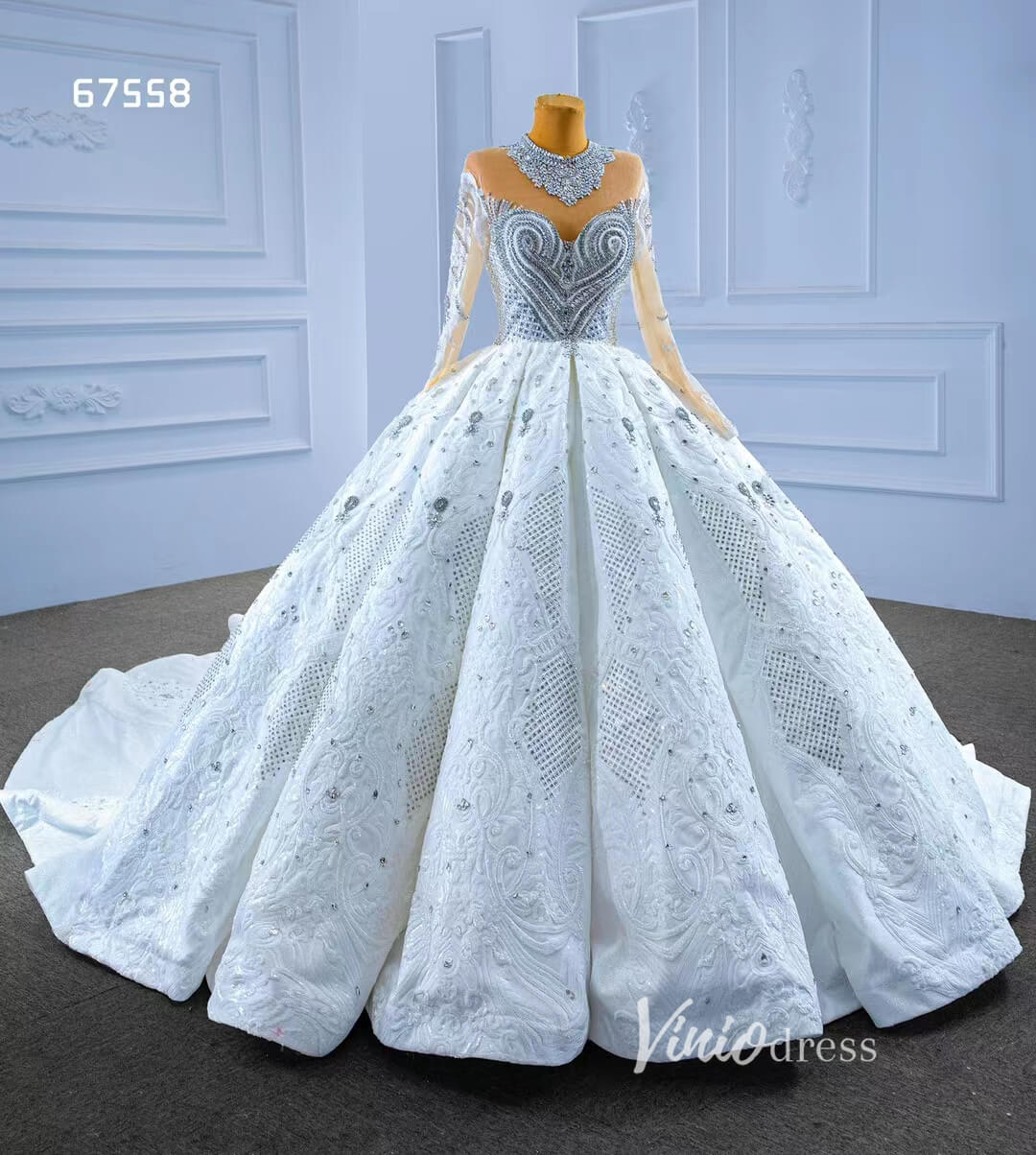 Luxury Dubai Wedding Dresses High Neck Modest Bridal Gown 67558-wedding dresses 2025 -Viniodress-Ivory-Custom Size-