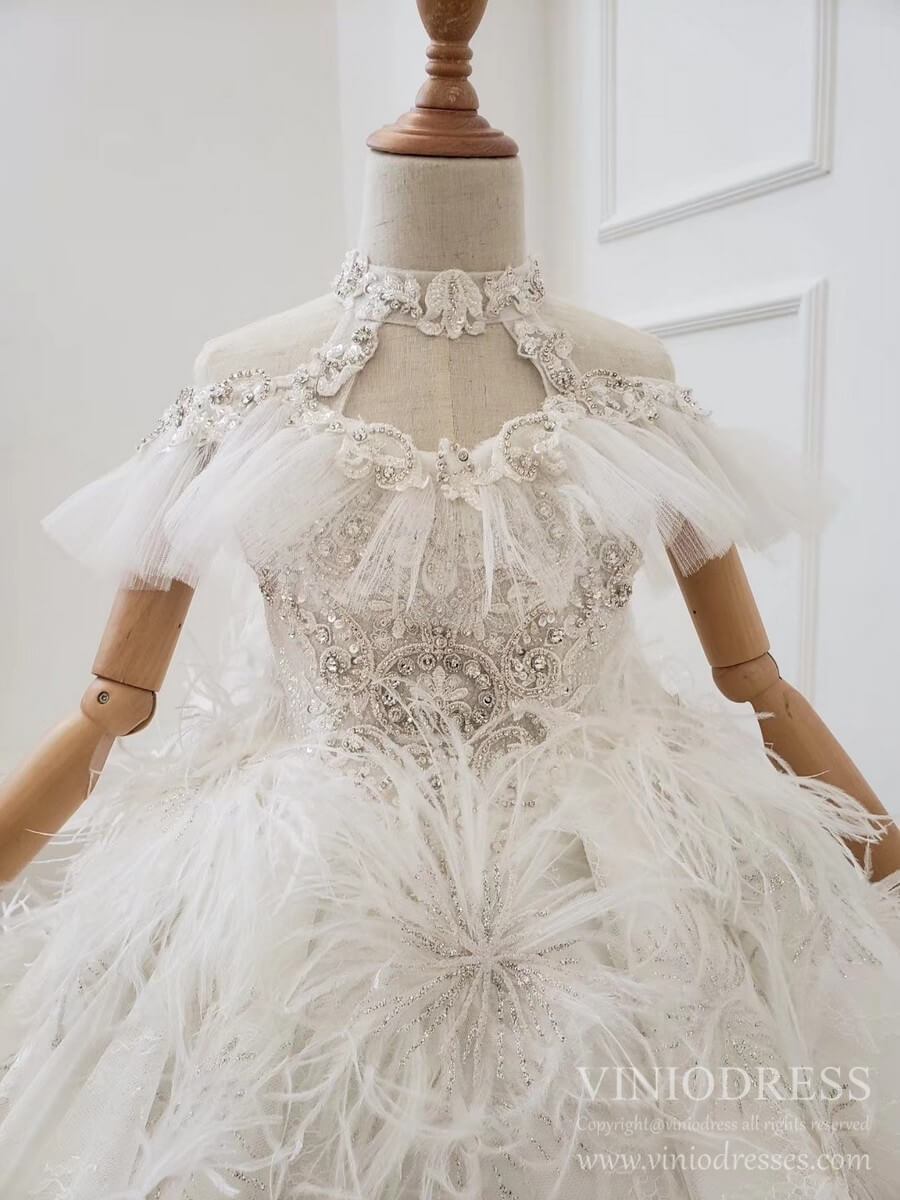 Luxury Feather Lace Ball Gowns for Little Girls KD1030-Pageant Dresses for Kids 2025 -Viniodress-Champagne-Custom Size-